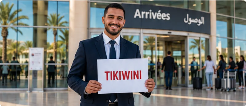 Accueil des voyageurs à l’aéroport avec une pancarte Tikiwini